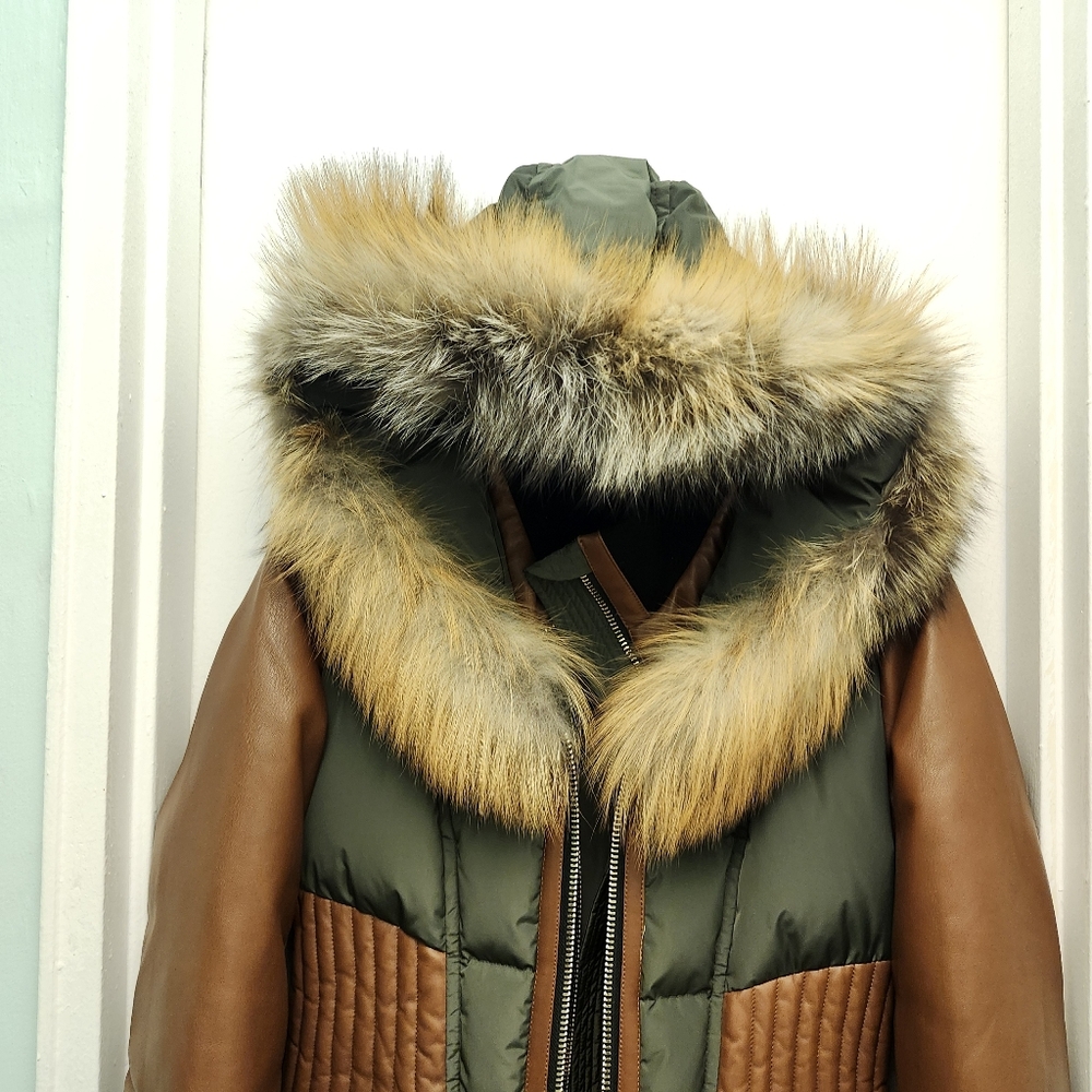 SERIES by Nicole Benisti Size S Leather Accent Down Jacket Fur Trim Hood - Picture 4 of 7